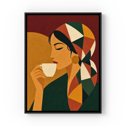 Woman Drinking Coffee with Geometric Headscarf Retro Art Print
