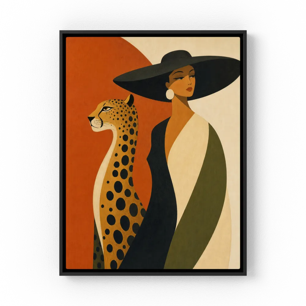 Glamorous Woman in Black Hat with Cheetah Mid-Century Art Print