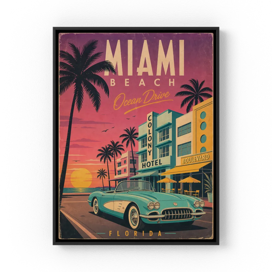 Miami Beach Ocean Drive Art Deco Vintage Travel Poster
