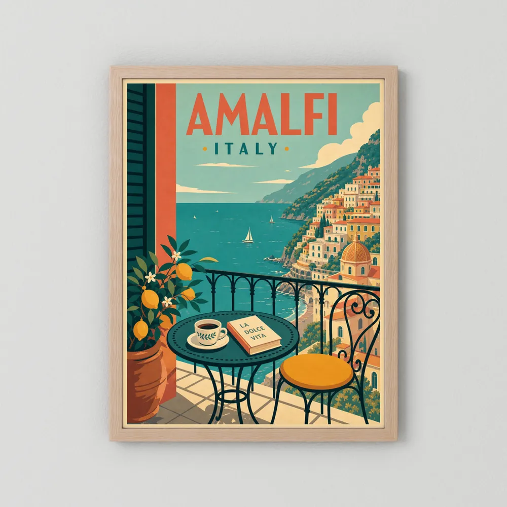 Amalfi Italy Coast Balcony Vintage Travel Poster Art Print