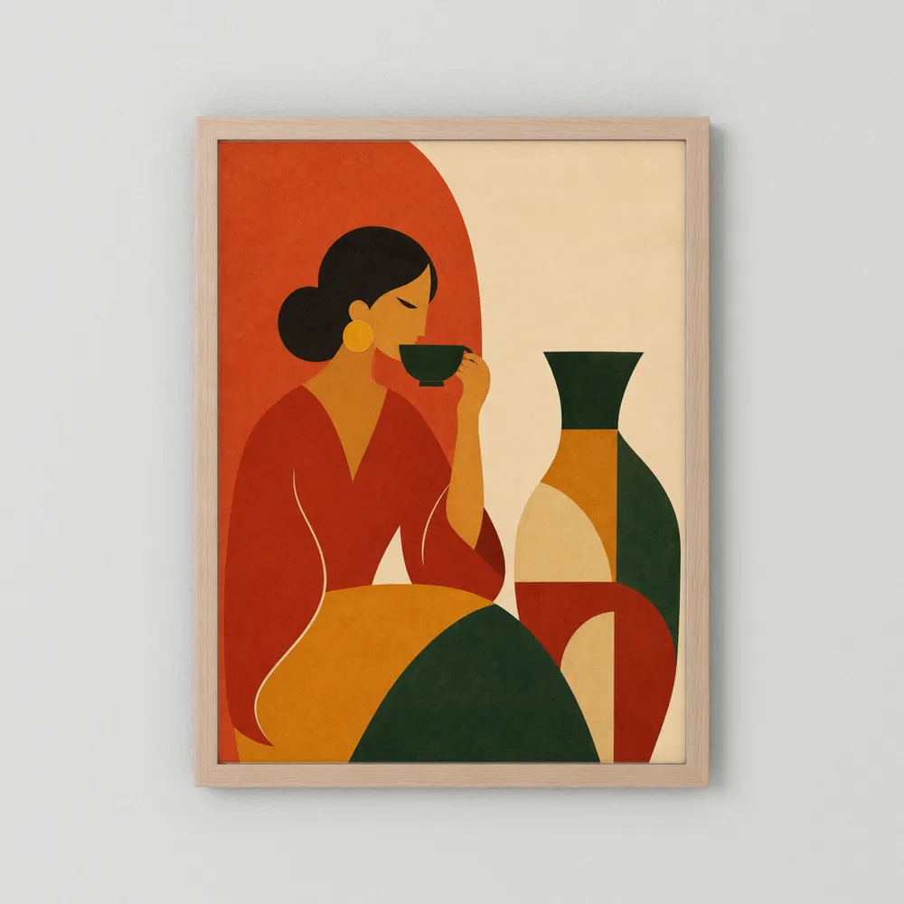 Woman Sipping Tea with Patterned Vase Boho Minimalist Art Print