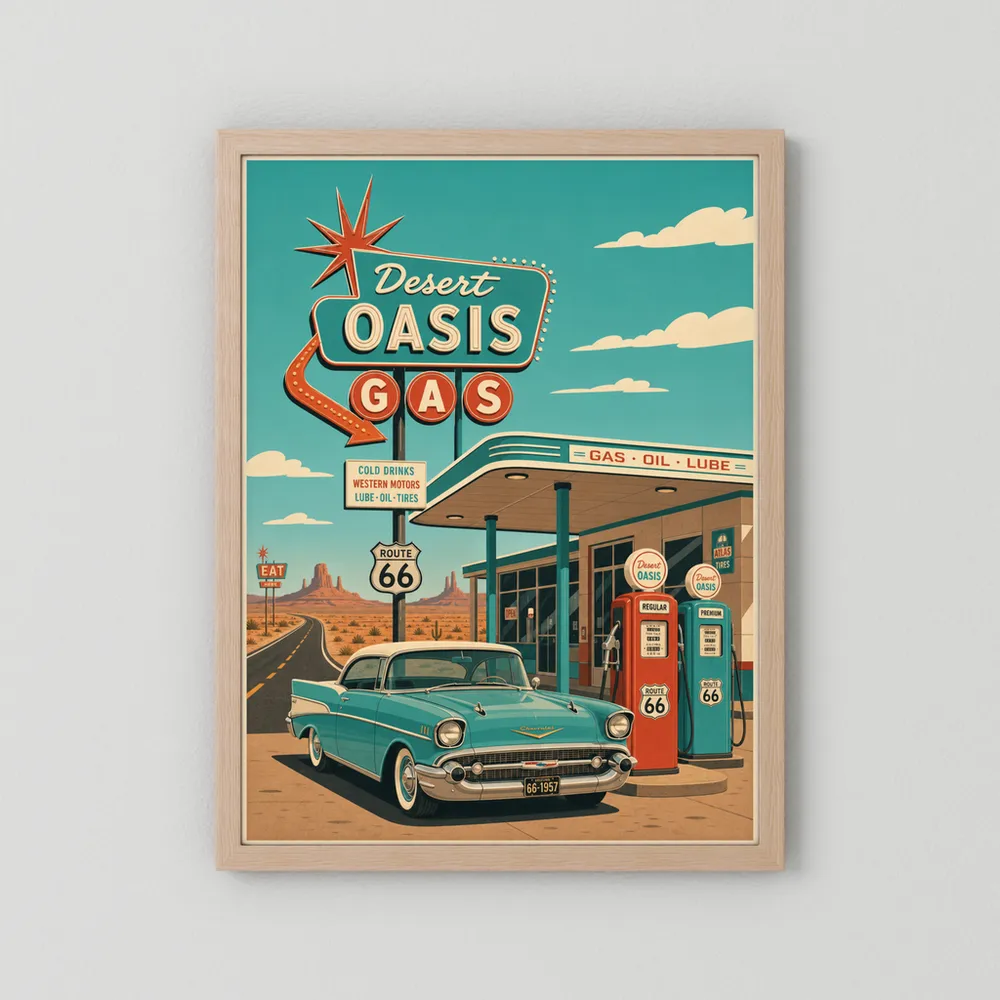Desert Oasis Gas Station Route 66 Vintage Art Print