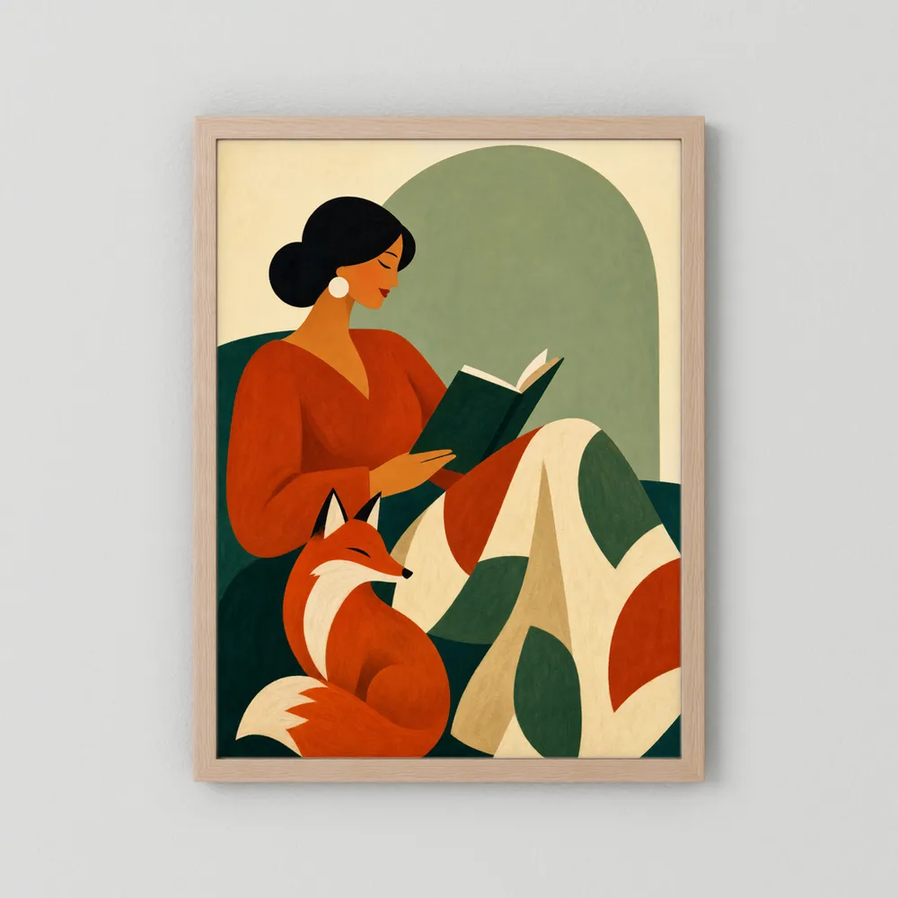 Woman Reading with Fox Mid-Century Retro Art Print