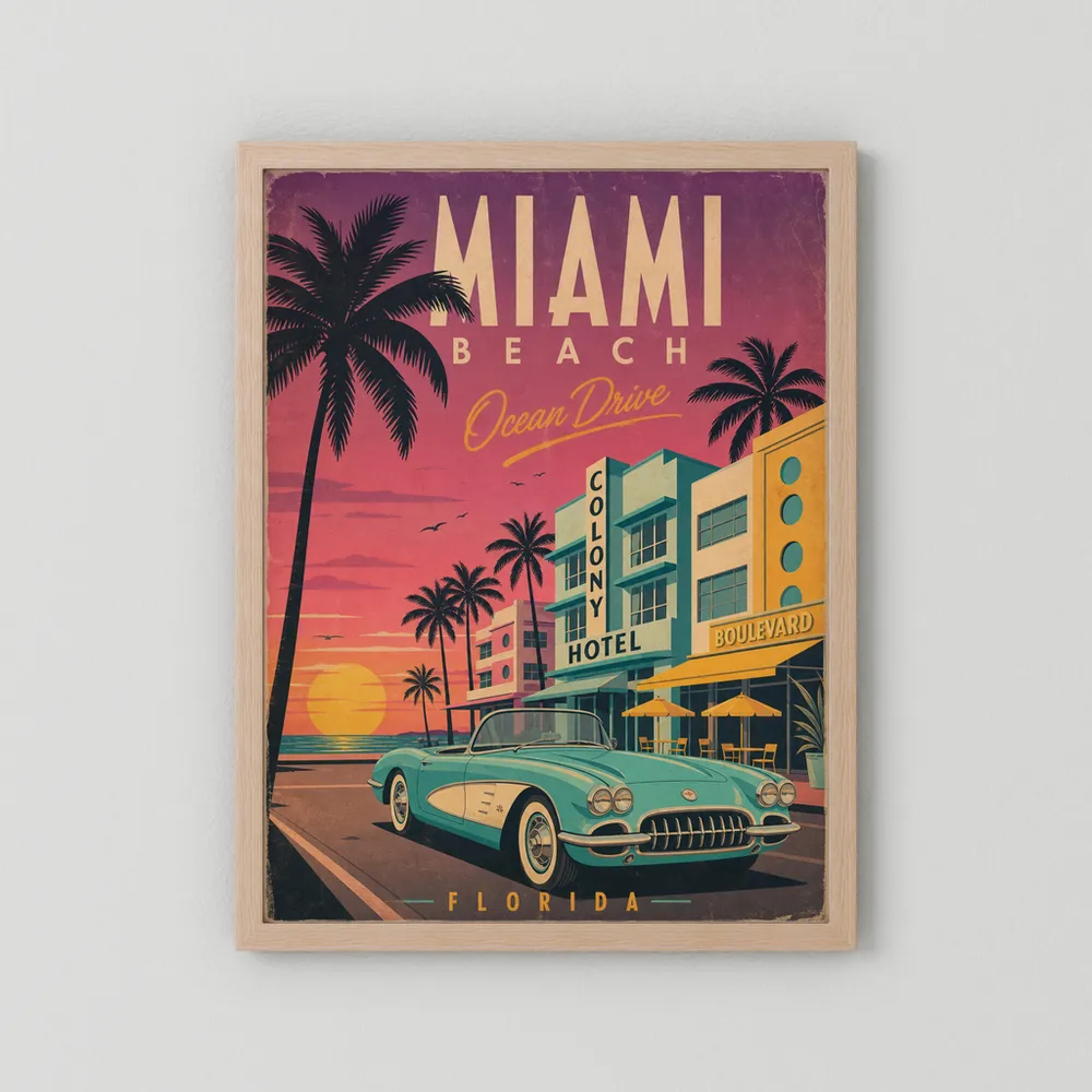 Miami Beach Ocean Drive Art Deco Vintage Travel Poster