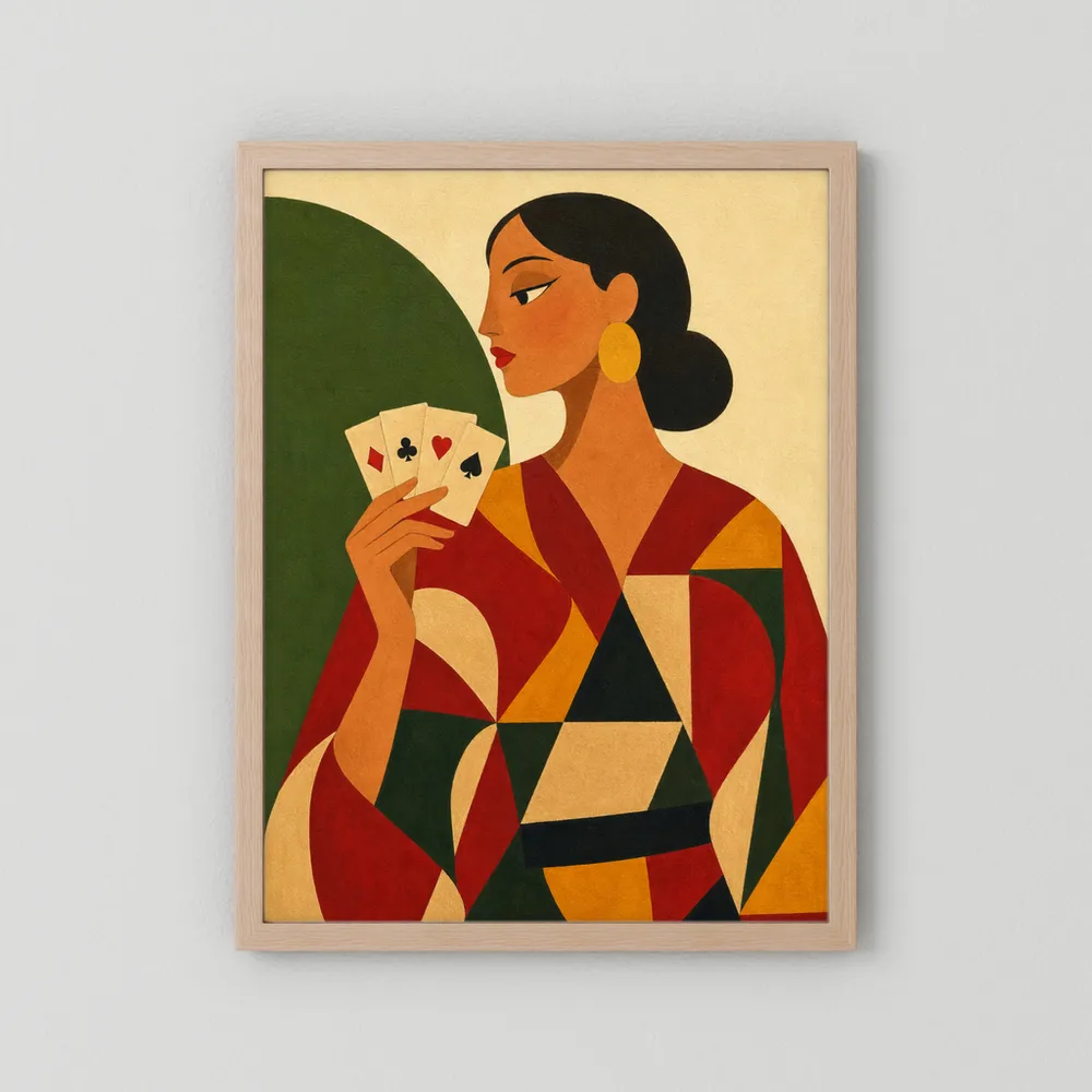 Woman Holding Playing Cards Mid-Century Art Deco Print