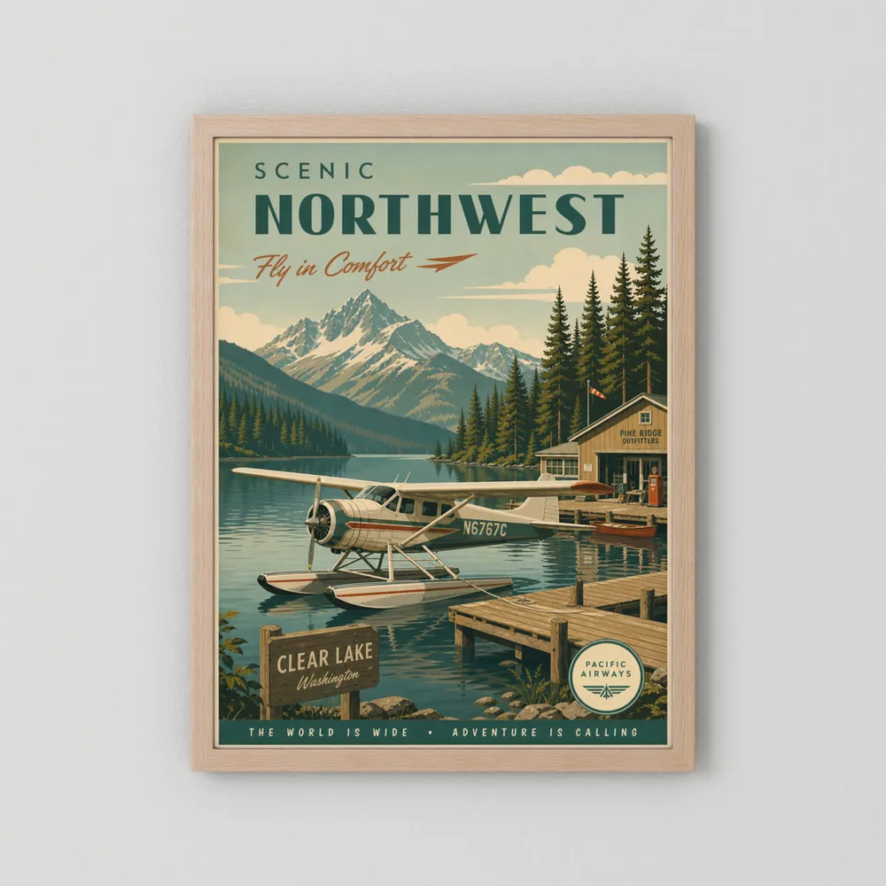 Scenic Northwest Clear Lake Washington Seaplane Vintage Travel Poster Art Print