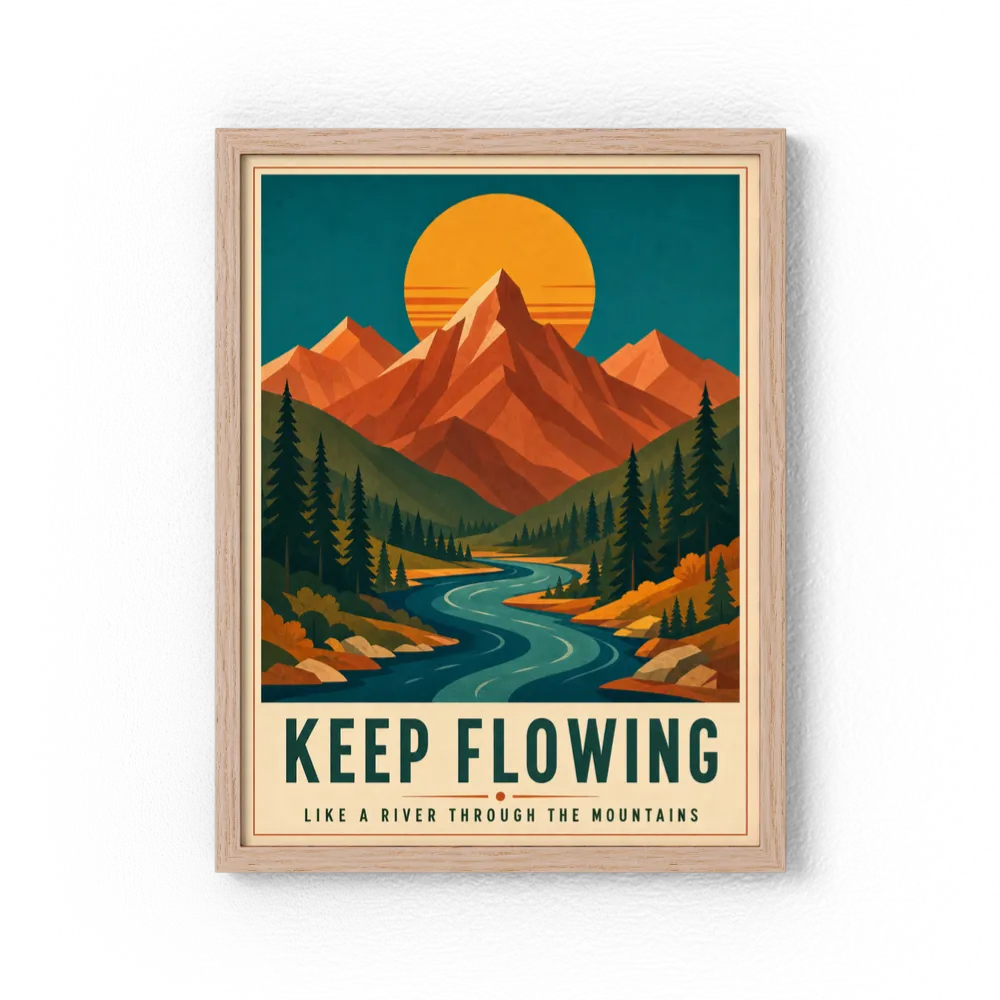 Keep Flowing – Retro Mountain & River Art Print