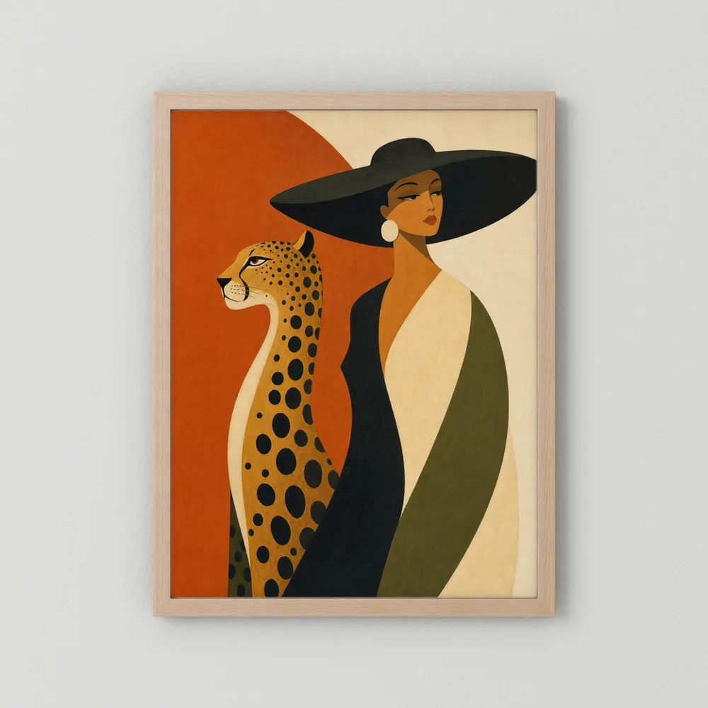 Glamorous Woman in Black Hat with Cheetah Mid-Century Art Print