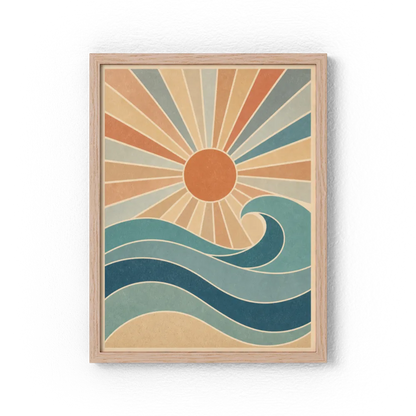 Retro Rising Sun & Ocean Wave Art Print
