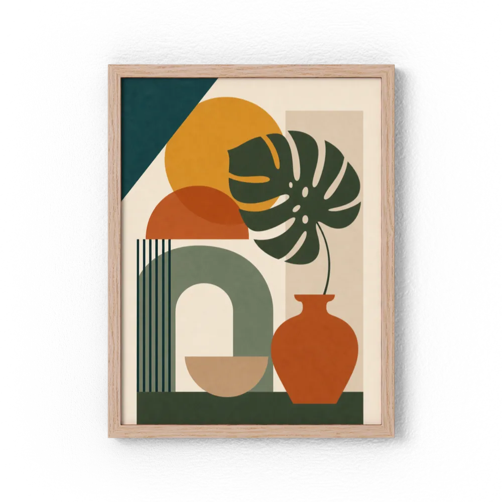 Mid-Century Monstera & Abstract Shapes Art Print