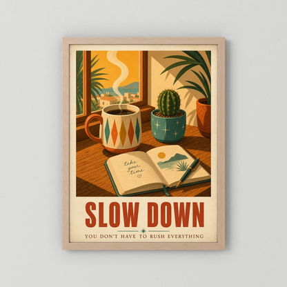Slow Down – Retro Coffee & Journal Art Print