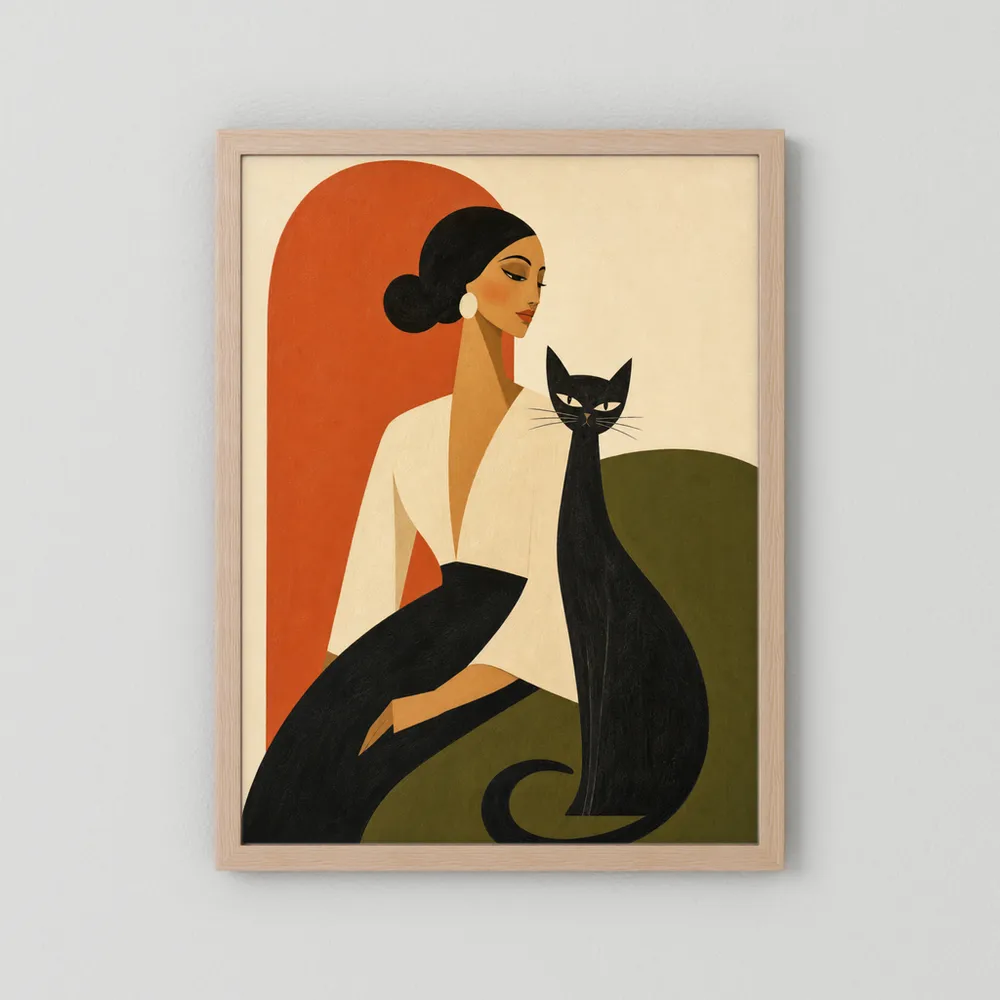Woman with Sleek Black Cat Mid-Century Retro Art Print