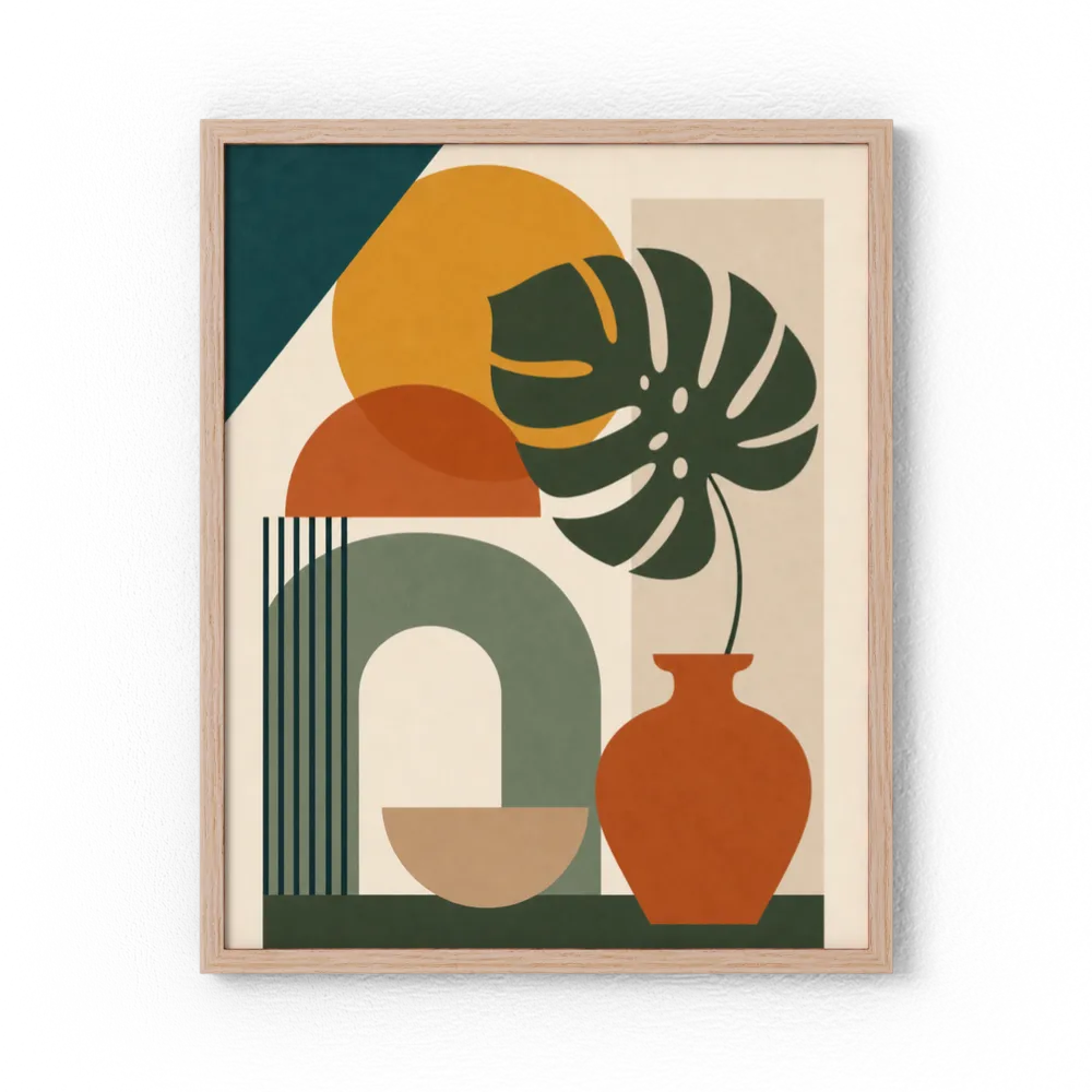Mid-Century Monstera & Abstract Shapes Art Print