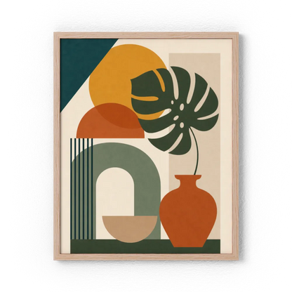 Mid-Century Monstera & Abstract Shapes Art Print