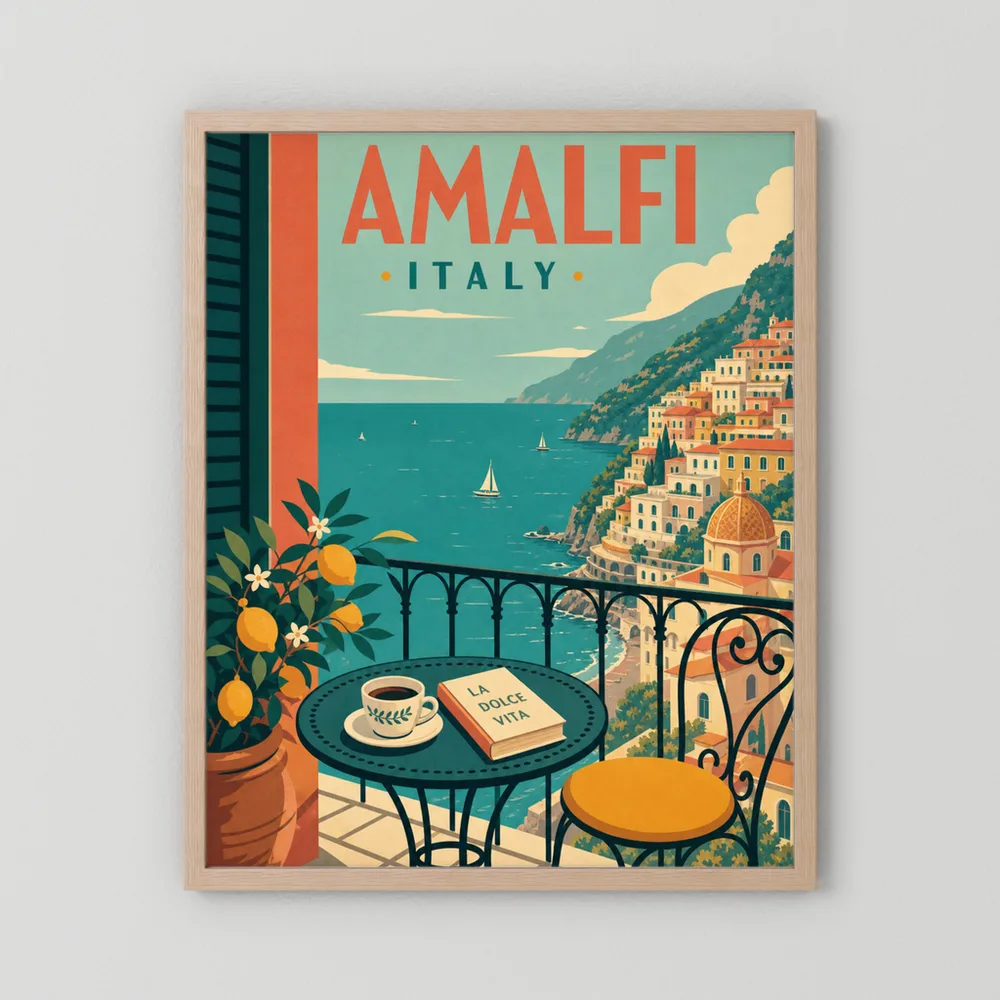 Amalfi Italy Coast Balcony Vintage Travel Poster Art Print