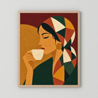 Woman Drinking Coffee with Geometric Headscarf Retro Art Print