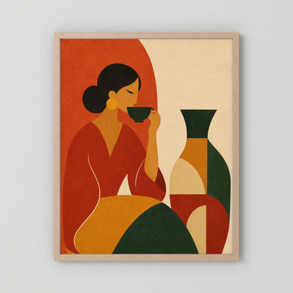 Woman Sipping Tea with Patterned Vase Boho Minimalist Art Print