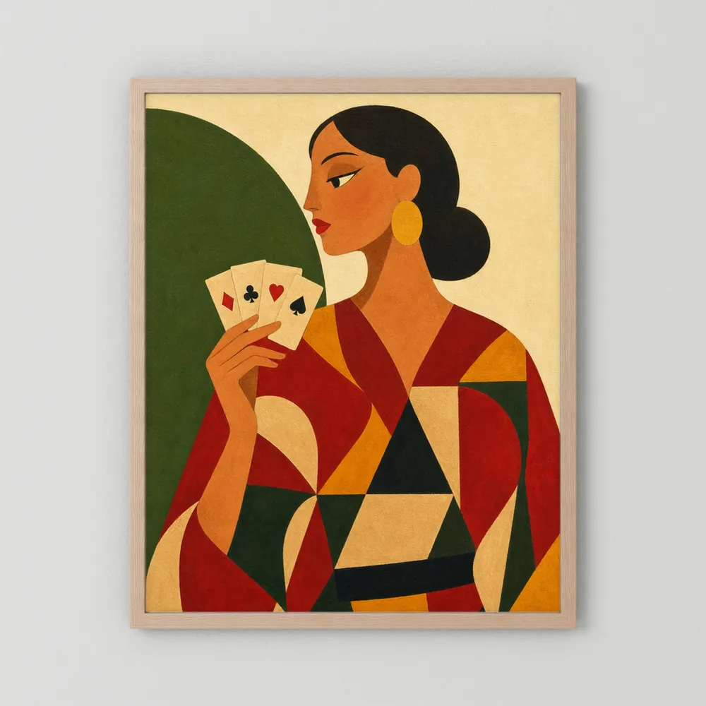 Woman Holding Playing Cards Mid-Century Art Deco Print