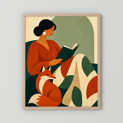 Woman Reading with Fox Mid-Century Retro Art Print