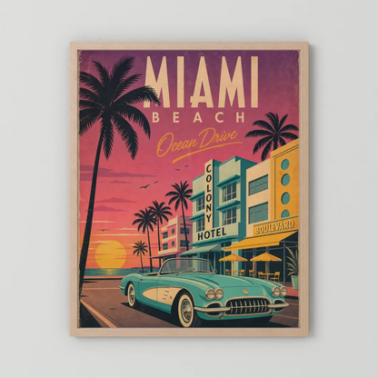 Miami Beach Ocean Drive Art Deco Vintage Travel Poster