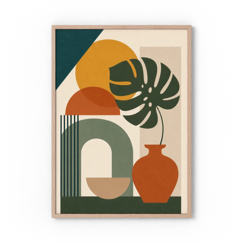 Mid-Century Monstera & Abstract Shapes Art Print
