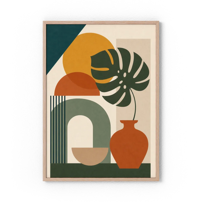 Mid-Century Monstera & Abstract Shapes Art Print
