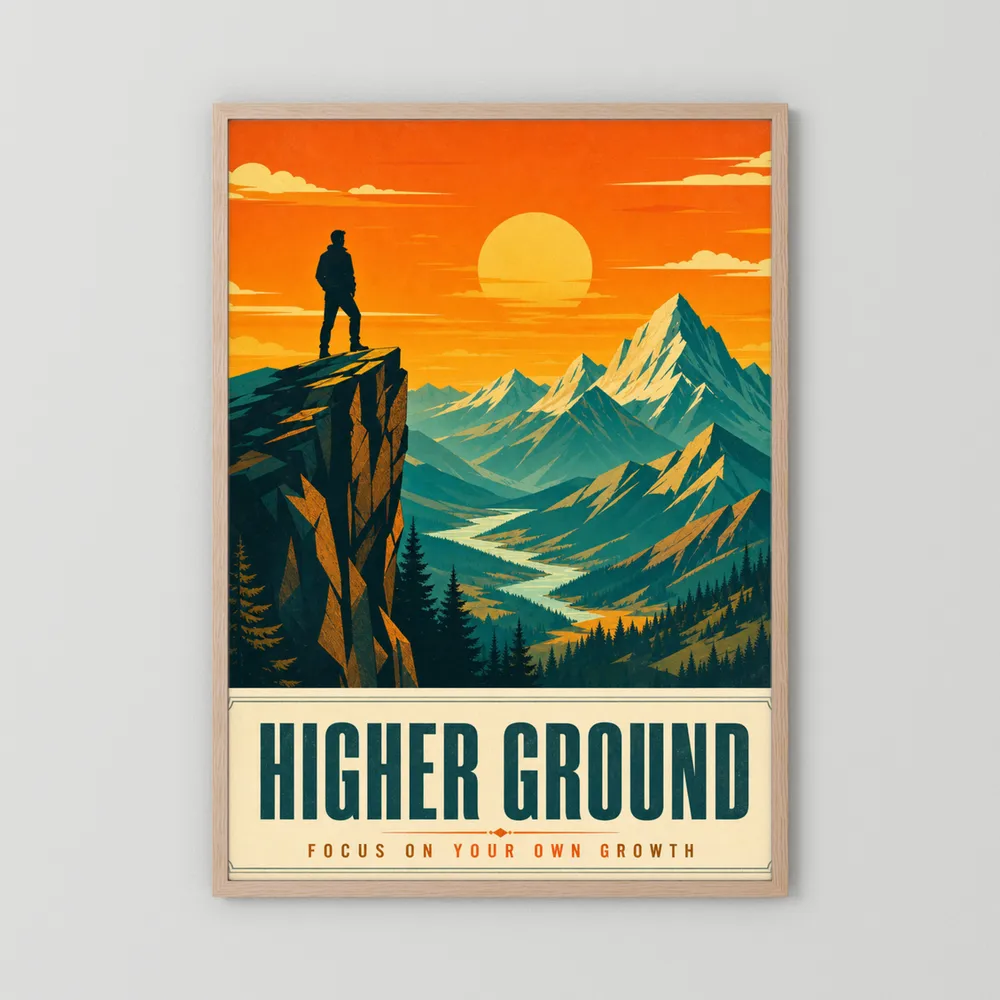 Higher Ground – Retro Mountain Landscape Art Print