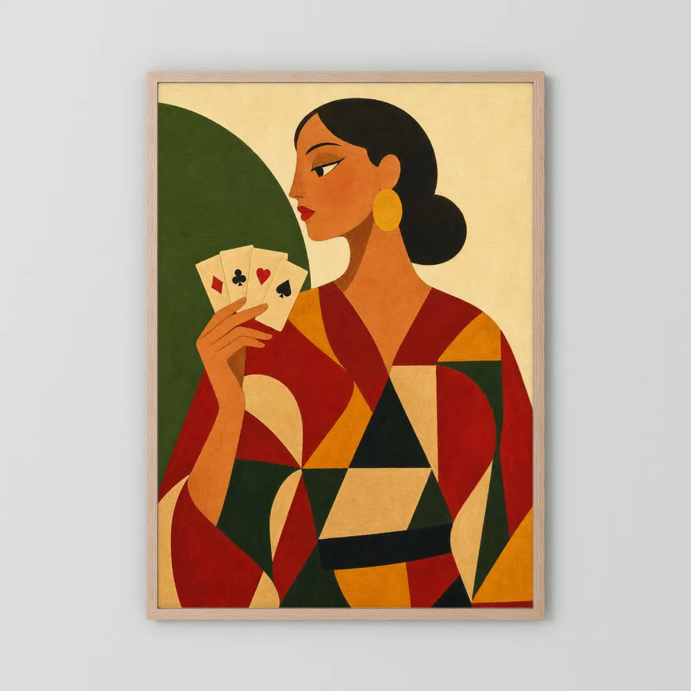 Woman Holding Playing Cards Mid-Century Art Deco Print