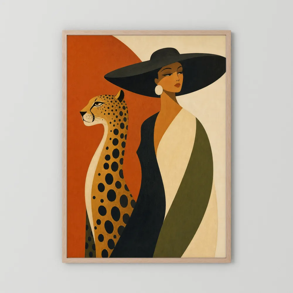 Glamorous Woman in Black Hat with Cheetah Mid-Century Art Print