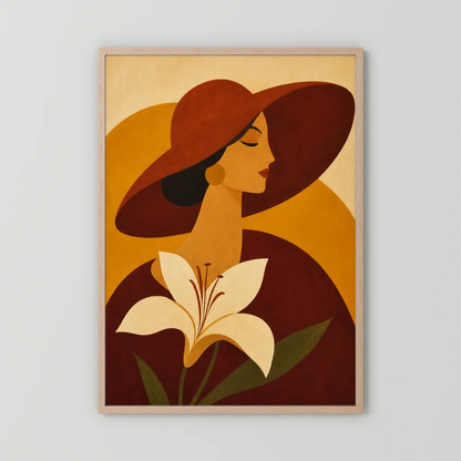 Woman in Sun Hat with White Lily Retro Art Print