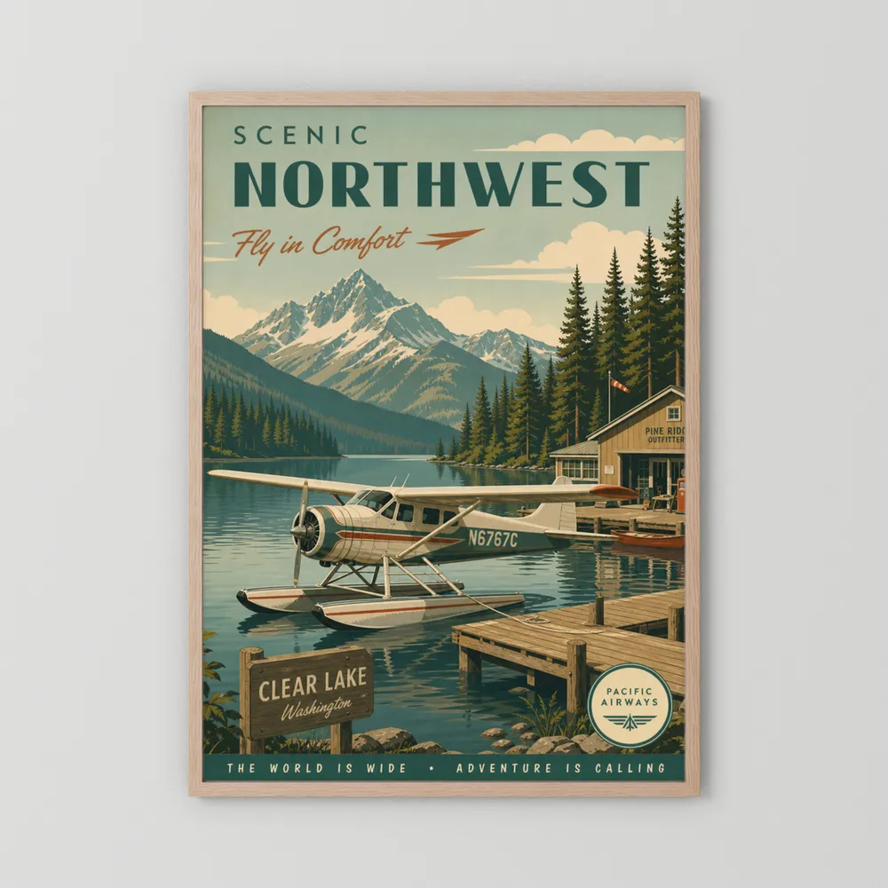 Scenic Northwest Clear Lake Washington Seaplane Vintage Travel Poster Art Print