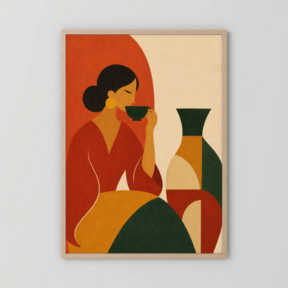 Woman Sipping Tea with Patterned Vase Boho Minimalist Art Print