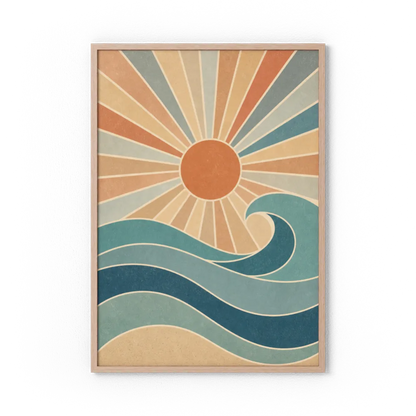 Retro Rising Sun & Ocean Wave Art Print