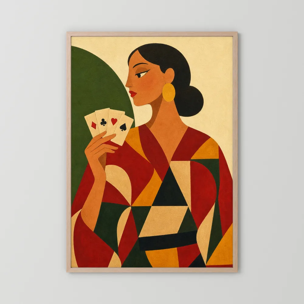 Woman Holding Playing Cards Mid-Century Art Deco Print