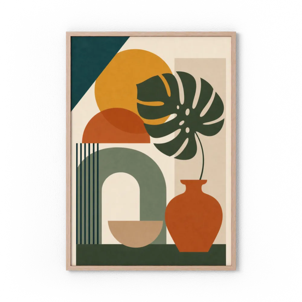 Mid-Century Monstera & Abstract Shapes Art Print