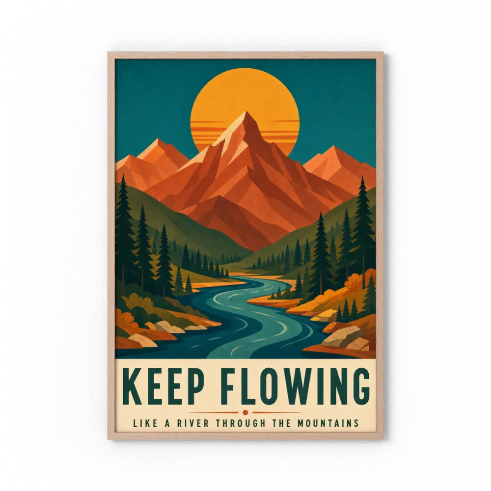 Keep Flowing – Retro Mountain & River Art Print