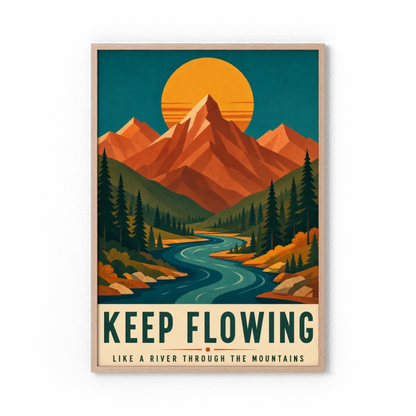 Keep Flowing – Retro Mountain & River Art Print