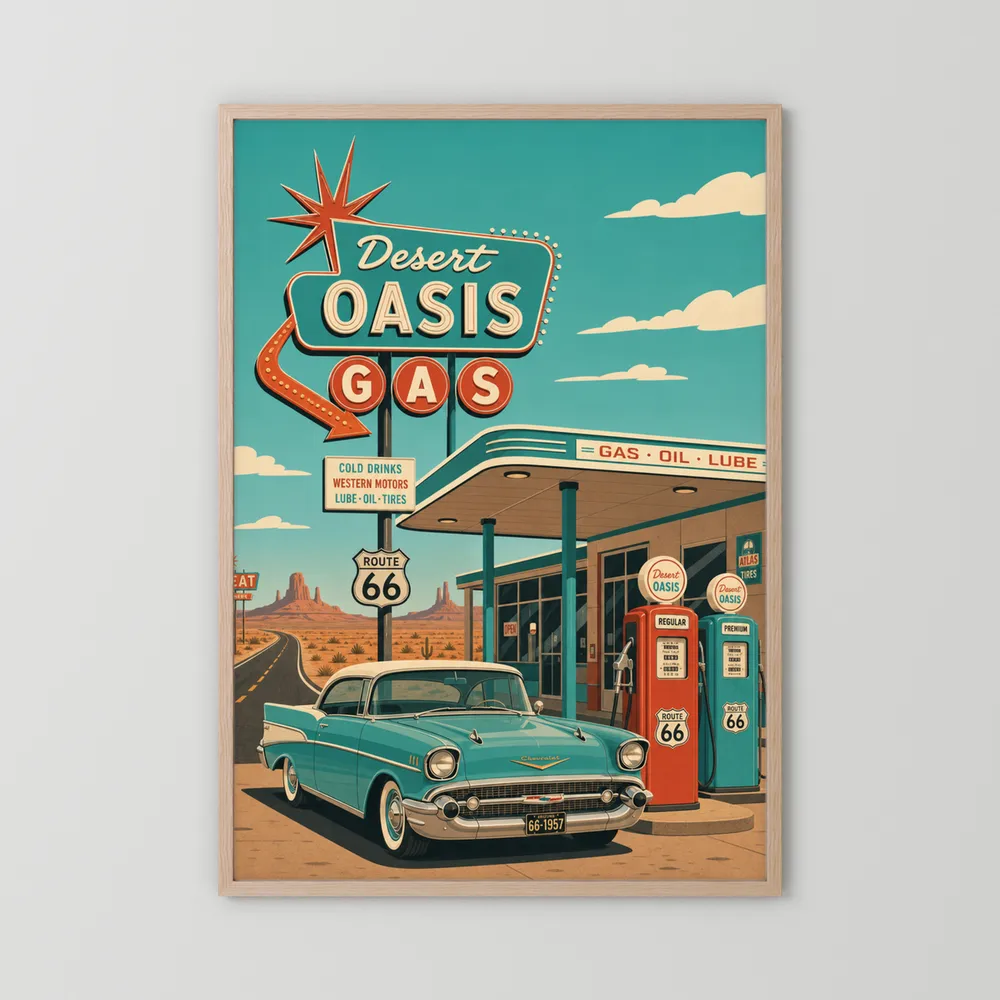 Desert Oasis Gas Station Route 66 Vintage Art Print