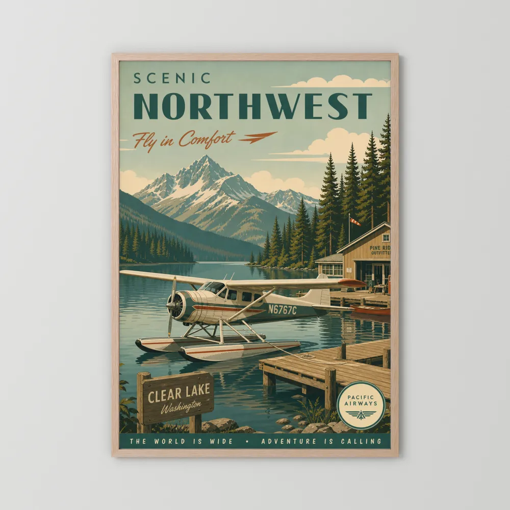 Scenic Northwest Clear Lake Washington Seaplane Vintage Travel Poster Art Print