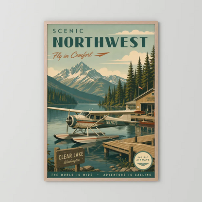 Scenic Northwest Clear Lake Washington Seaplane Vintage Travel Poster Art Print