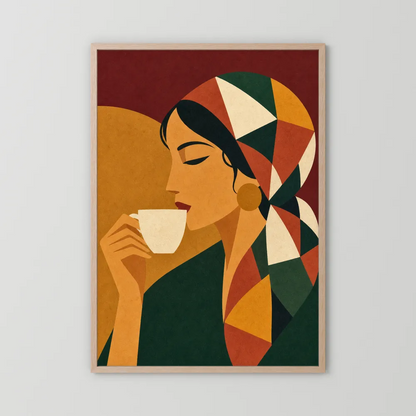 Woman Drinking Coffee with Geometric Headscarf Retro Art Print