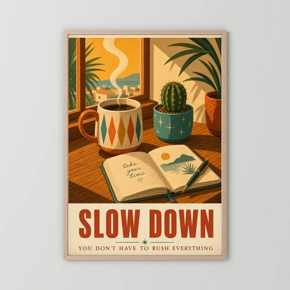 Slow Down – Retro Coffee & Journal Art Print