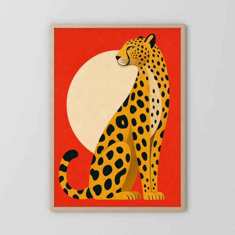 Mid-Century Modern Cheetah Red Sun Retro Art Print