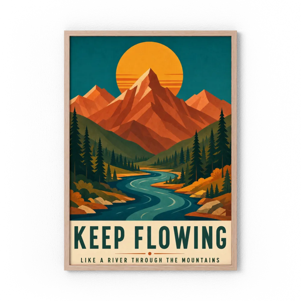 Keep Flowing – Retro Mountain & River Art Print