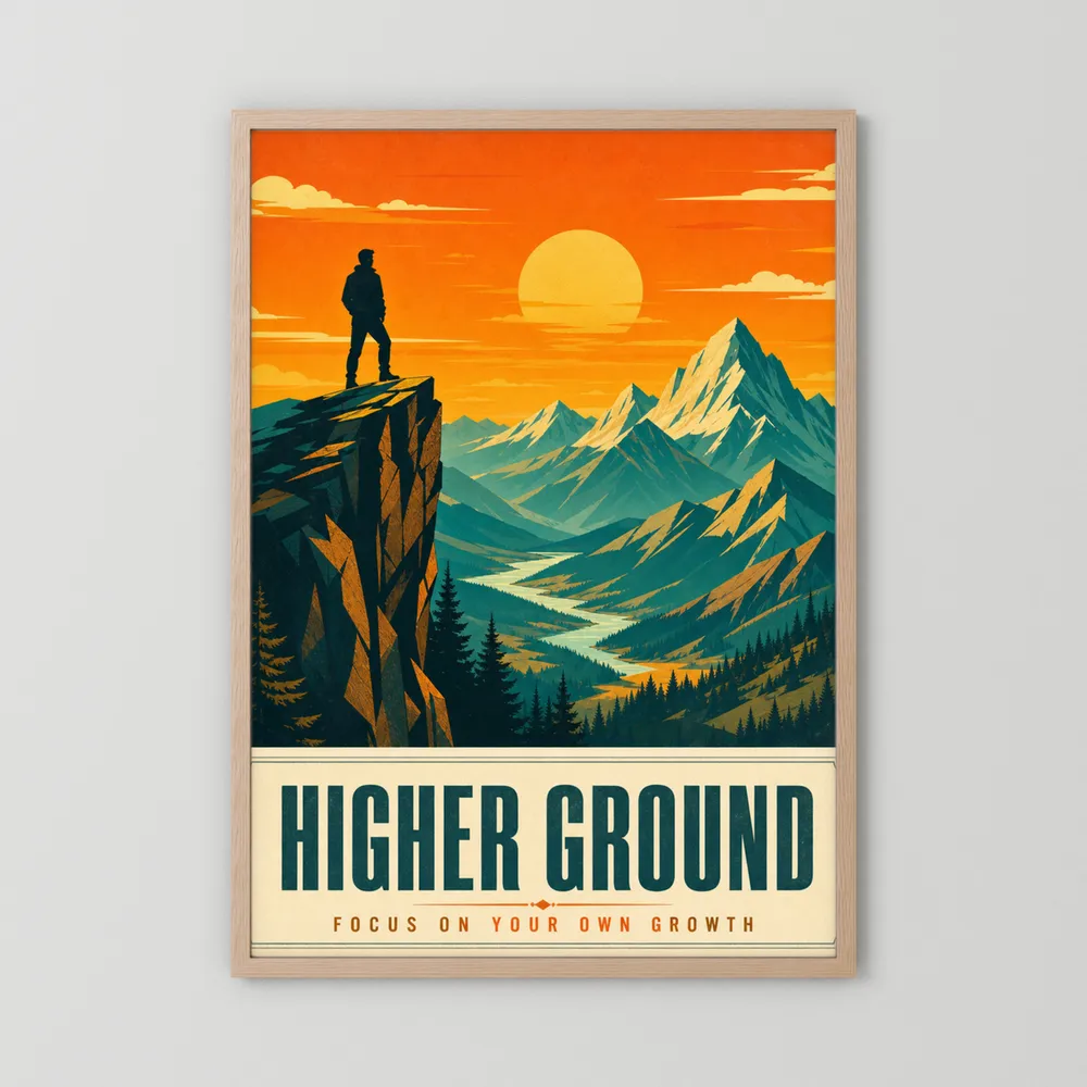 Higher Ground – Retro Mountain Landscape Art Print