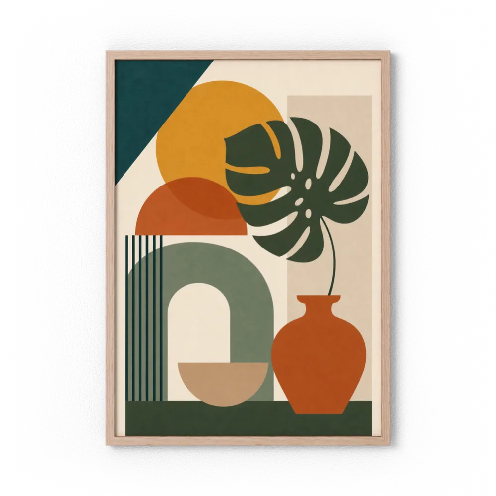 Mid-Century Monstera & Abstract Shapes Art Print