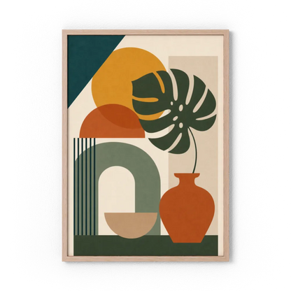 Mid-Century Monstera & Abstract Shapes Art Print
