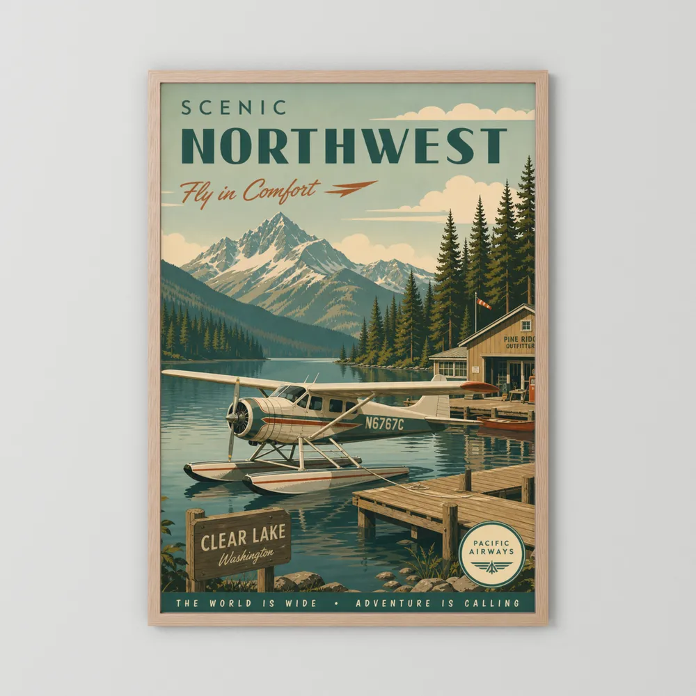 Scenic Northwest Clear Lake Washington Seaplane Vintage Travel Poster Art Print
