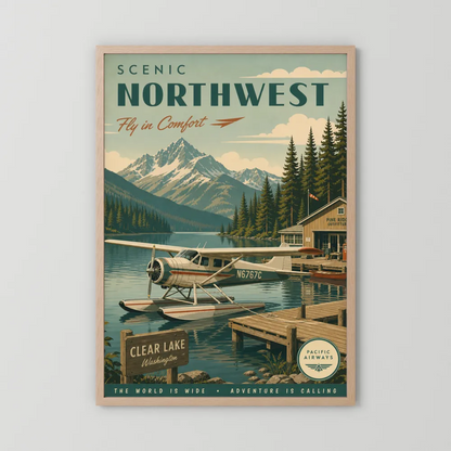 Scenic Northwest Clear Lake Washington Seaplane Vintage Travel Poster Art Print