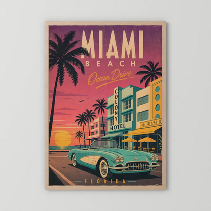 Miami Beach Ocean Drive Art Deco Vintage Travel Poster